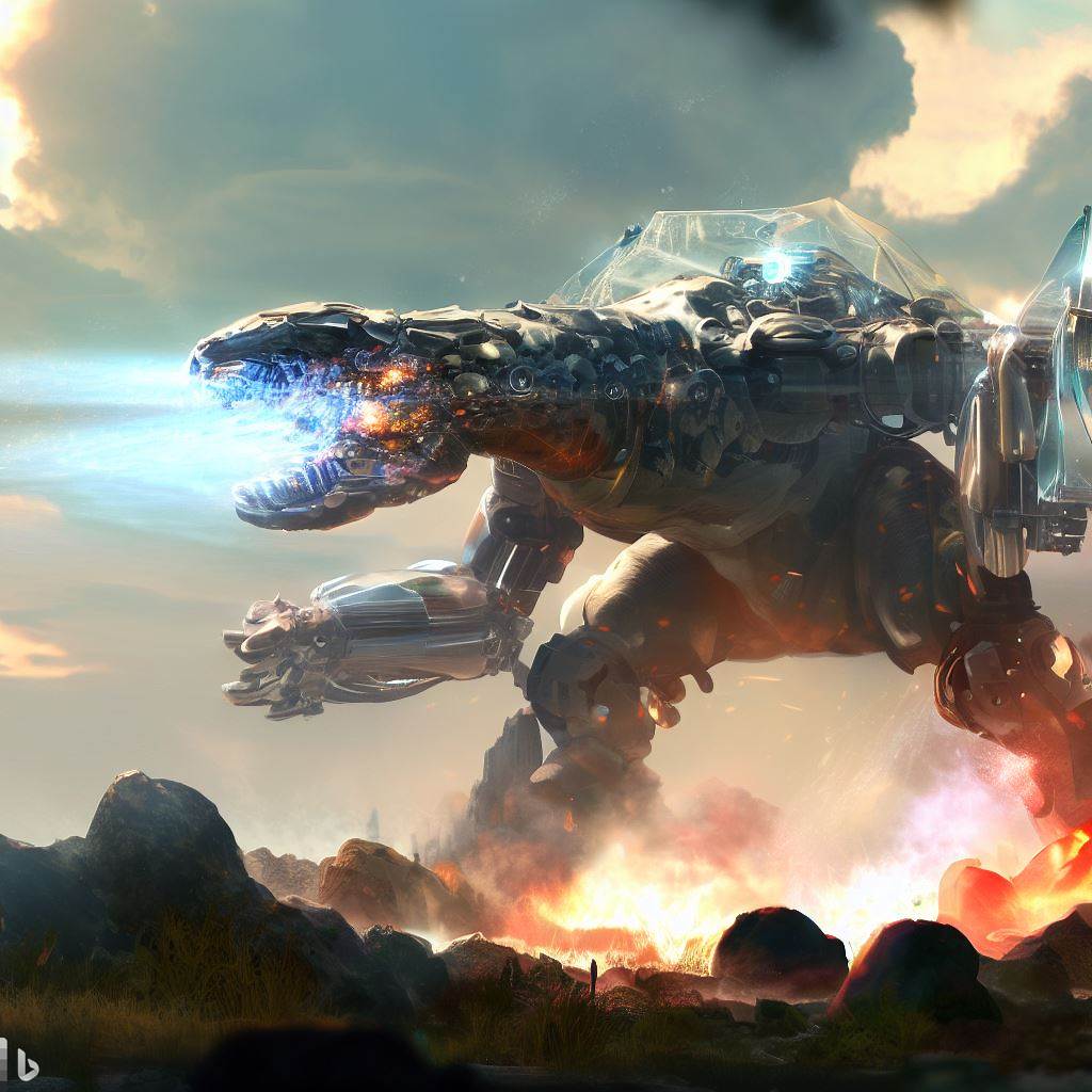 giant future mech dinosaur with glass body firing guns, rocks in foreground, wildlife in foreground, smoke, detailed clouds, realistic painting, add lens flare 2.jpg